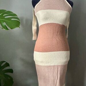 Hello Molly Neck Tie Cold Shoulder Striped Dress - Cream and Beige